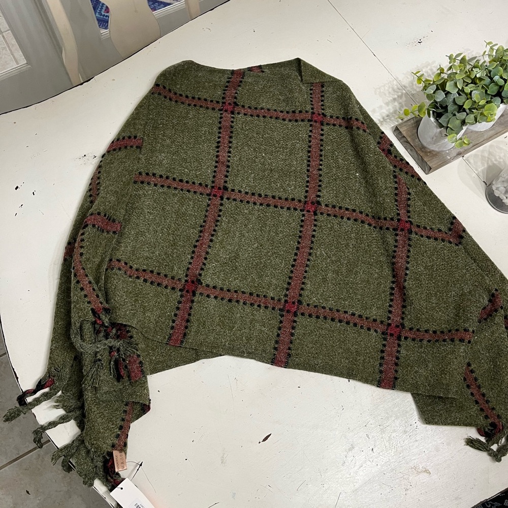 Olive and red plaid poncho